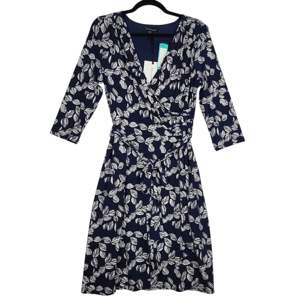 41 Hawthorne Kaylee Faux Wrap Knit Dress Women's Large Navy Blue White Stretchy‎